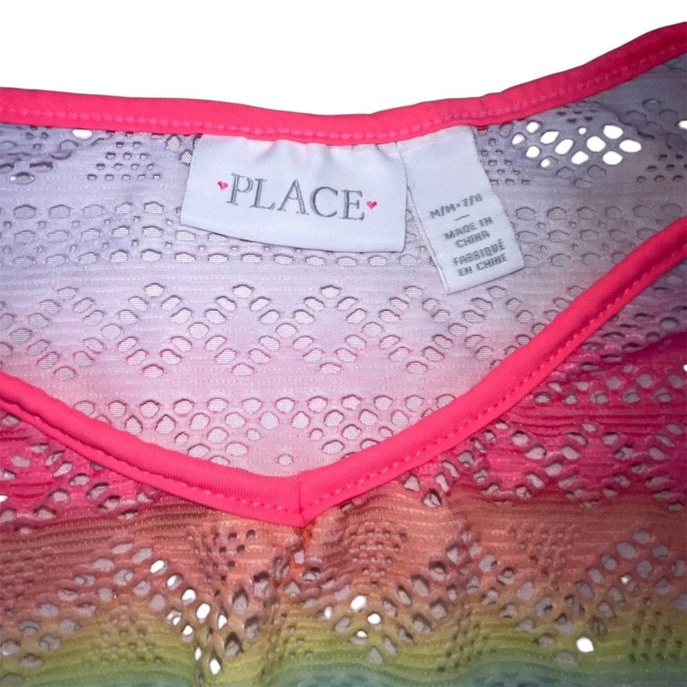 The Children's Place Rainbow‎ Crochet Lace Swim Cover Up Dress Neon Pink Trim M